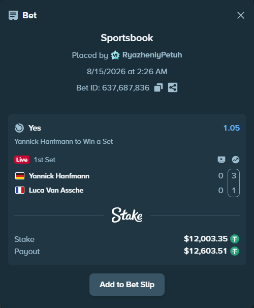 Bet slip: Yannick Hanfmann - Luca Van Assche, $12,015.35 stake at 1.05 odds, placed by RyazheniyPetuh