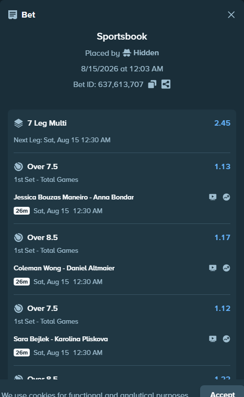 Bet slip: Yannick Hanfmann - Luca Van Assche, $125,125.00 stake at 1.22 odds, placed by Hidden