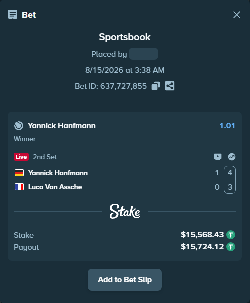 Bet slip: Yannick Hanfmann - Luca Van Assche, $15,584.00 stake at 1.01 odds, placed by RyazheniyPetuh