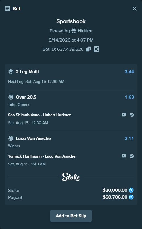 Bet slip: Yannick Hanfmann - Luca Van Assche, $20,000.00 stake at 2.11 odds, placed by Hidden