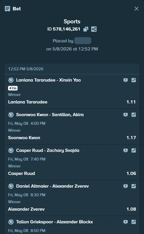 Bet slip: Yannick Hanfmann - Luciano Darderi, $125,000.00 stake at 1.22 odds, placed by Azuulu