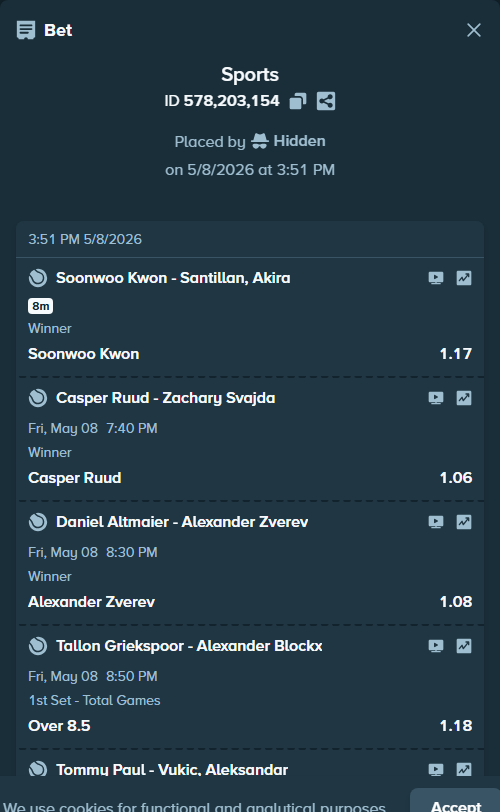 Bet slip: Yannick Hanfmann - Luciano Darderi, $125,000.00 stake at 1.22 odds, placed by Azuulu