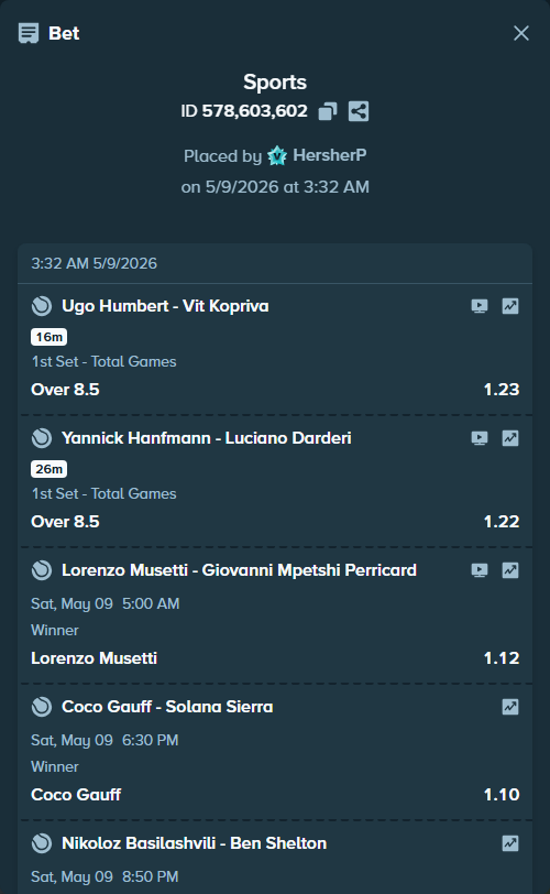 Bet slip: Yannick Hanfmann - Luciano Darderi, $80,000.00 stake at 1.22 odds, placed by HersherP