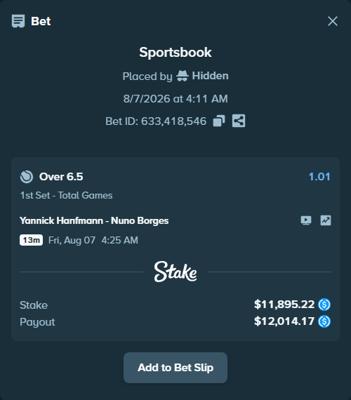 Bet slip: Yannick Hanfmann - Nuno Borges, $11,895.22 stake at 1.01 odds, placed by Hidden