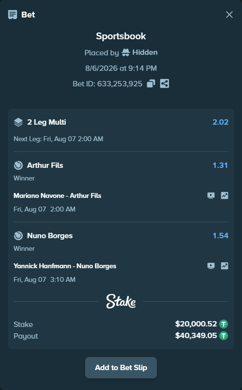 Bet slip: Yannick Hanfmann - Nuno Borges, $20,020.52 stake at 1.54 odds, placed by Hidden