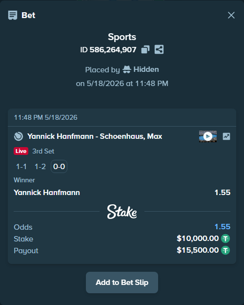 Bet slip: Yannick Hanfmann - Schoenhaus, Max, $10,000.00 stake at 1.55 odds, placed by Hidden