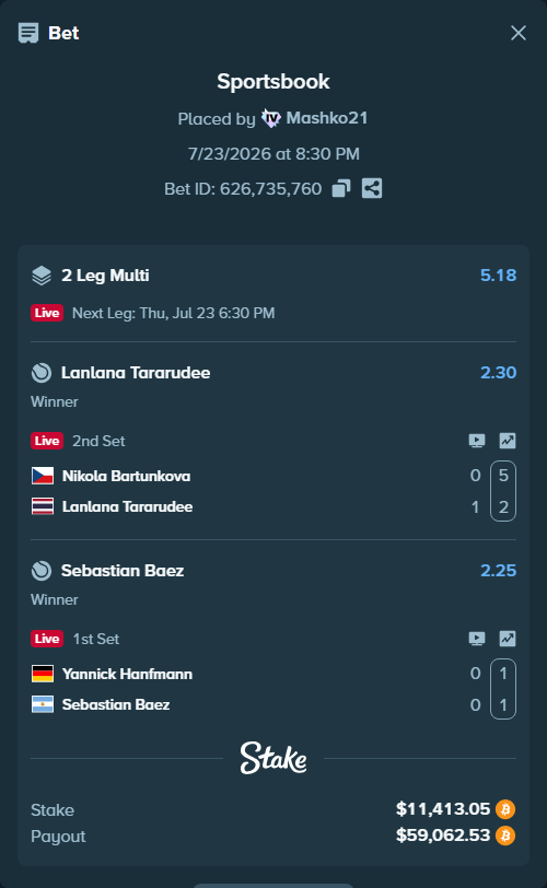 Bet slip: Yannick Hanfmann - Sebastian Baez, $11,166.16 stake at 2.25 odds, placed by Mashko21