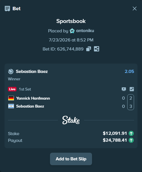 Bet slip: Yannick Hanfmann - Sebastian Baez, $12,104.00 stake at 2.05 odds, placed by antoniku