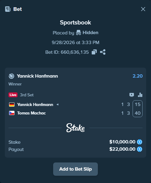 Bet slip: Yannick Hanfmann - Tomas Machac, $10,000.00 stake at 2.20 odds, placed by Hidden