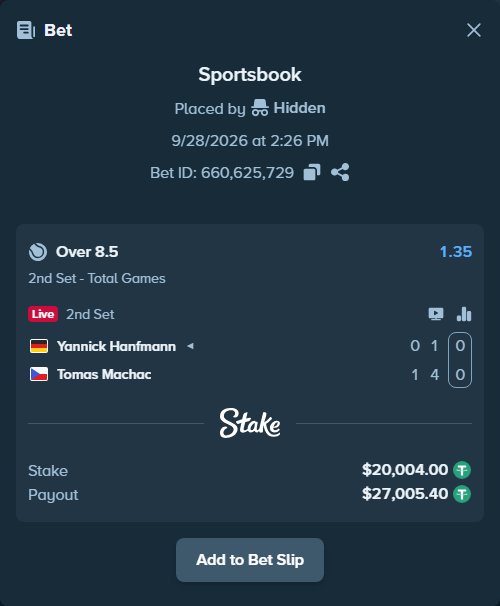 Bet slip: Yannick Hanfmann - Tomas Machac, $20,000.00 stake at 1.35 odds, placed by Hidden
