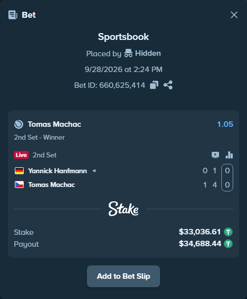 Bet slip: Yannick Hanfmann - Tomas Machac, $33,030.00 stake at 1.05 odds, placed by Hidden