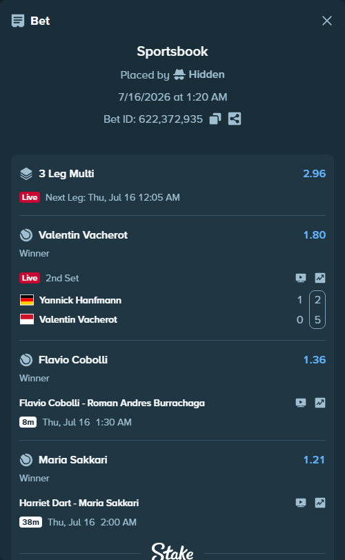 Bet slip: Yannick Hanfmann - Valentin Vacherot, $10,530.64 stake at 1.80 odds, placed by Hidden