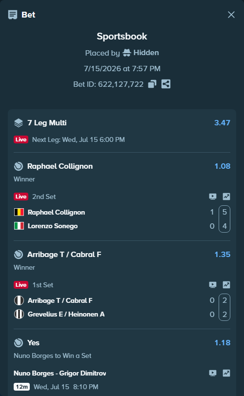 Bet slip: Yannick Hanfmann - Valentin Vacherot, $23,081.70 stake at 1.19 odds, placed by Hidden