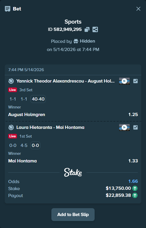Bet slip: Yannick Theodor Alexandrescou - August Holmgren, $13,750.00 stake at 1.25 odds, placed by Hidden