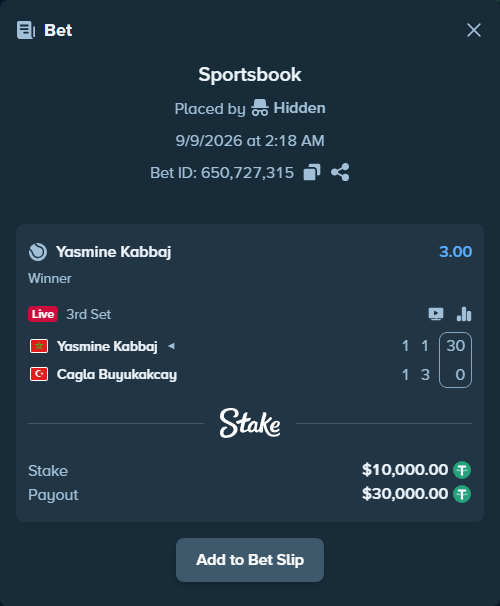 Bet slip: Yasmine Kabbaj - Cagla Buyukakcay, $10,000.00 stake at 3.00 odds, placed by Hidden