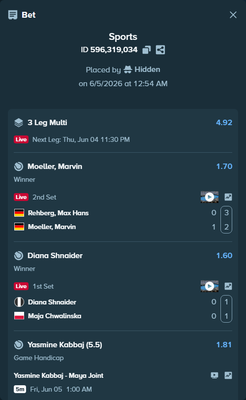 Bet slip: Yasmine Kabbaj - Maya Joint, $10,000.00 stake at 1.81 odds, placed by Hidden