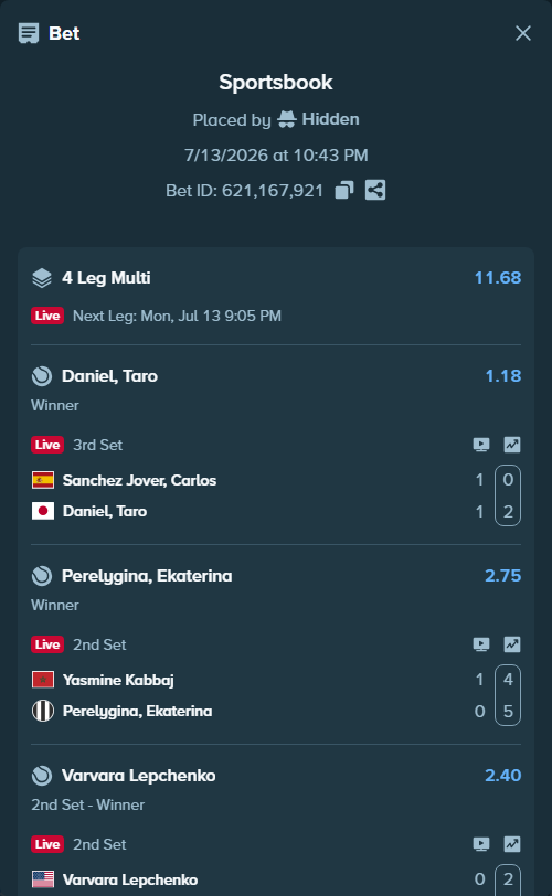 Bet slip: Yasmine Kabbaj - Perelygina, Ekaterina, $10,000.00 stake at 2.75 odds, placed by Hidden