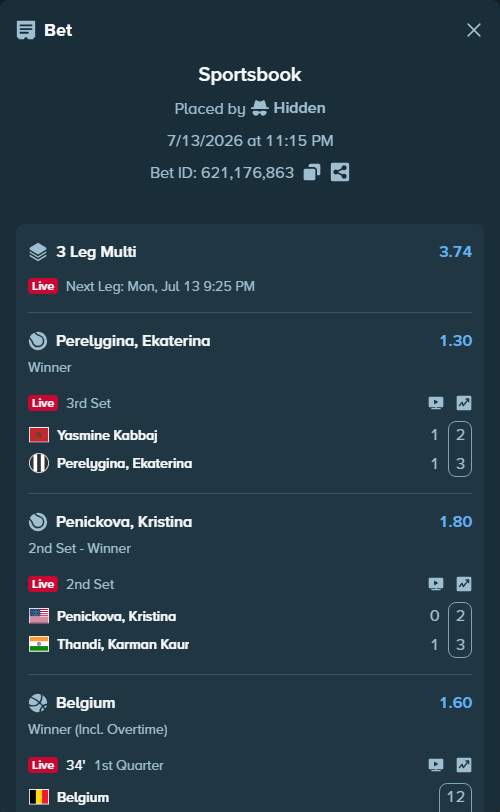 Bet slip: Yasmine Kabbaj - Perelygina, Ekaterina, $10,000.00 stake at 1.30 odds, placed by Hidden