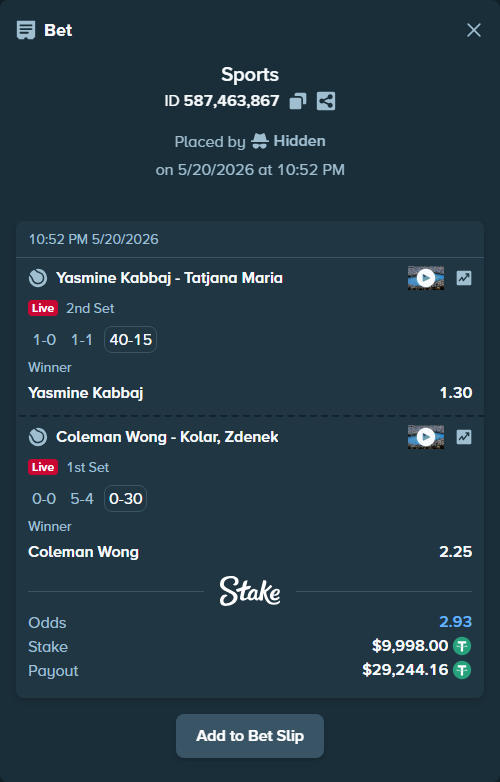 Bet slip: Yasmine Kabbaj - Tatjana Maria, $10,008.00 stake at 1.30 odds, placed by Hidden