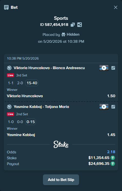 Bet slip: Yasmine Kabbaj - Tatjana Maria, $11,366.00 stake at 1.45 odds, placed by Hidden