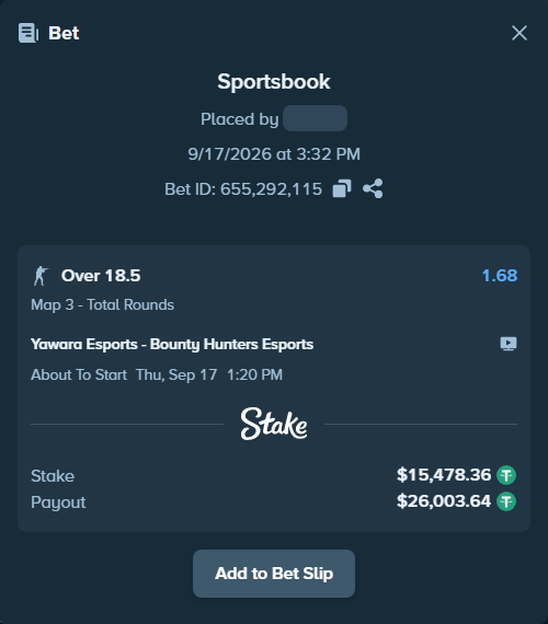 Bet slip: Yawara Esports - Bounty Hunters Esports, $15,493.84 stake at 1.68 odds, placed by saszakoncza