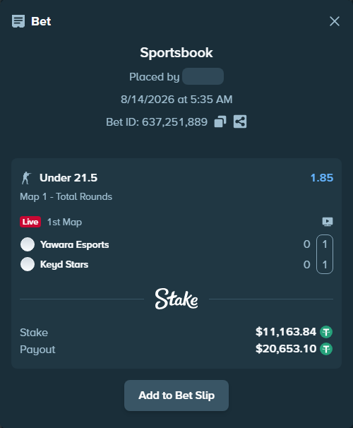 Bet slip: Yawara Esports - Keyd Stars, $11,175.00 stake at 1.85 odds, placed by saszakoncza