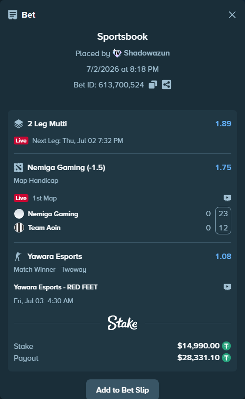 Bet slip: Yawara Esports - RED FEET, $15,004.99 stake at 1.08 odds, placed by Shadowazun