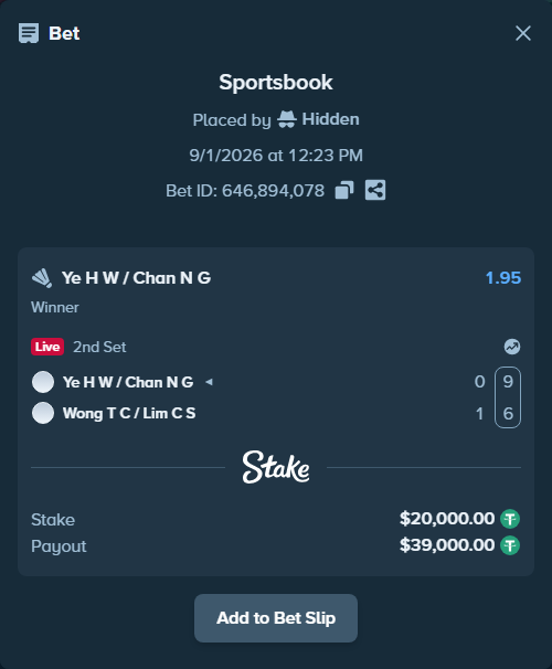 Bet slip: Ye H W / Chan N G - Wong T C / Lim C S, $20,000.00 stake at 1.95 odds, placed by Hidden