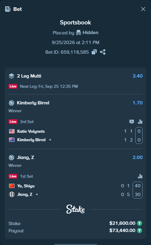 Bet slip: Ye, Shiyu - Jiang, Z, $21,600.00 stake at 2.00 odds, placed by Hidden