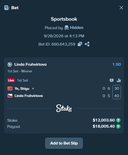 Bet slip: Ye, Shiyu - Linda Fruhvirtova, $12,000.00 stake at 1.50 odds, placed by Hidden