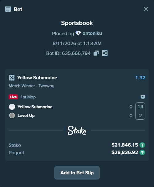 Bet slip: Yellow Submarine - Level Up, $21,868.00 stake at 1.32 odds, placed by antoniku