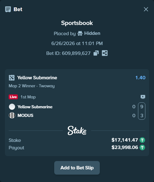 Bet slip: Yellow Submarine - MODUS, $17,158.62 stake at 1.40 odds, placed by Hidden