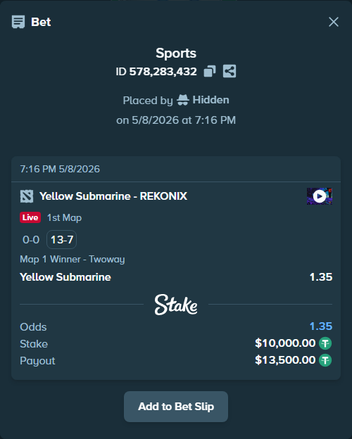 Bet slip: Yellow Submarine - REKONIX, $10,000.00 stake at 1.35 odds, placed by Hidden