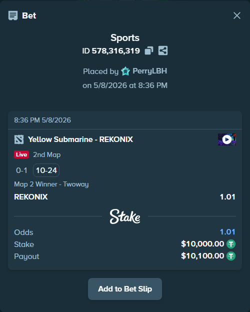 Bet slip: Yellow Submarine - REKONIX, $10,000.00 stake at 1.01 odds, placed by PerryLBH