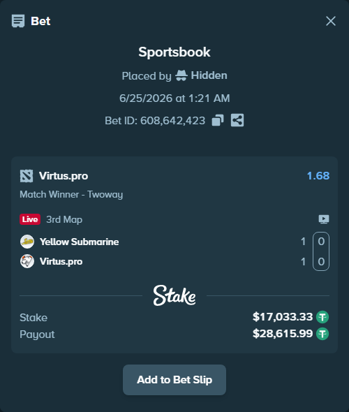 Bet slip: Yellow Submarine - Virtus.pro, $17,050.36 stake at 1.68 odds, placed by Hidden