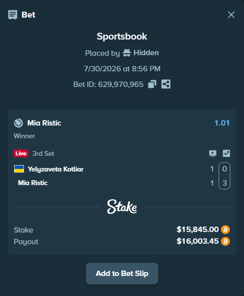 Bet slip: Yelyzaveta Kotliar - Mia Ristic, $15,797.81 stake at 1.01 odds, placed by Hidden