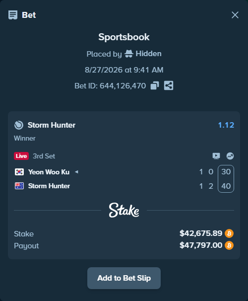 Bet slip: Yeon Woo Ku - Storm Hunter, $42,530.29 stake at 1.12 odds, placed by Hidden