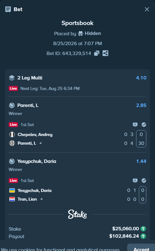 Bet slip: Yesypchuk, Daria - Tran, Lian, $25,060.00 stake at 1.44 odds, placed by Hidden