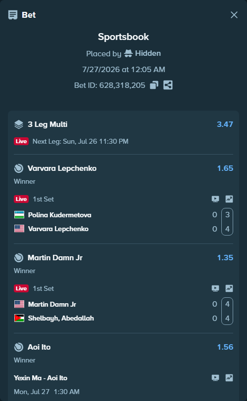 Bet slip: Yexin Ma - Aoi Ito, $13,000.00 stake at 1.56 odds, placed by Hidden