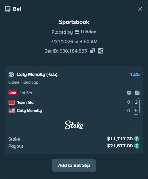 Bet slip: Yexin Ma - Caty Mcnally, $11,729.02 stake at 1.85 odds, placed by Hidden