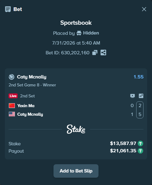 Bet slip: Yexin Ma - Caty Mcnally, $13,601.55 stake at 1.55 odds, placed by Hidden