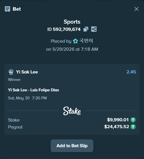 Bet slip: Yi Sak Lee - Luis Felipe Dias, $10,000.00 stake at 2.45 odds, placed by 국민이