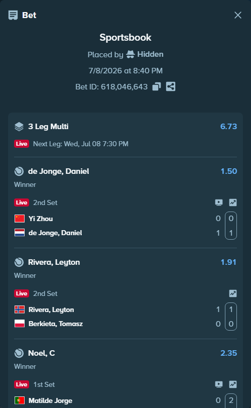 Bet slip: Yi Zhou - de Jonge, Daniel, $10,000.00 stake at 1.50 odds, placed by Hidden