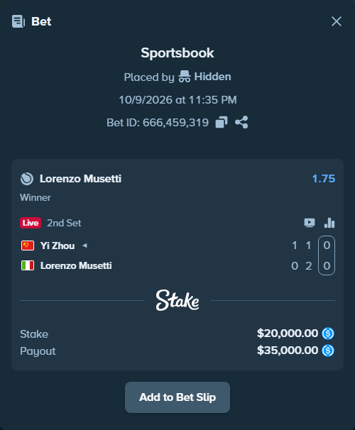 Bet slip: Yi Zhou - Lorenzo Musetti, $20,000.00 stake at 1.75 odds, placed by piropiro12