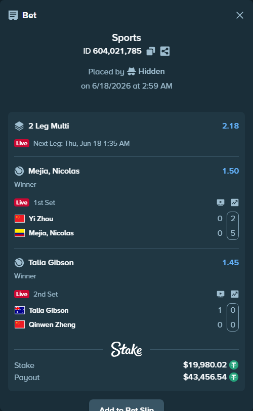 Bet slip: Yi Zhou - Mejia, Nicolas, $20,000.00 stake at 1.50 odds, placed by Hidden