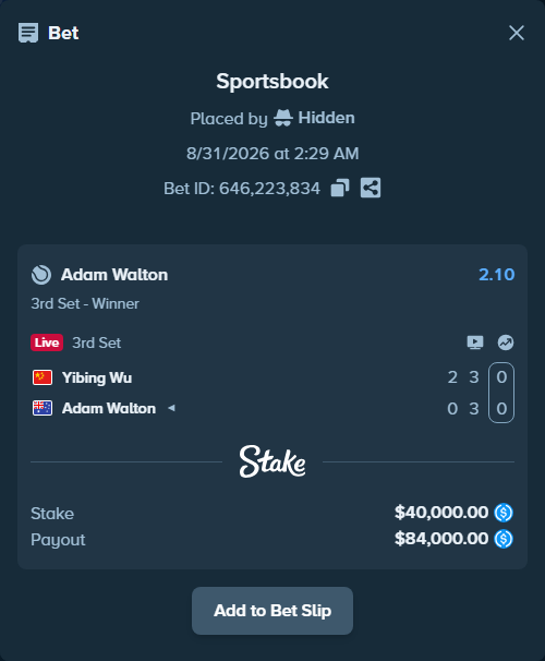 Bet slip: Yibing Wu - Adam Walton, $40,000.00 stake at 2.10 odds, placed by Hidden