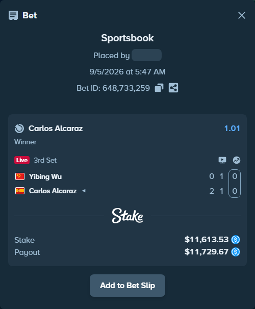 Bet slip: Yibing Wu - Carlos Alcaraz, $11,613.53 stake at 1.01 odds, placed by Arbe7