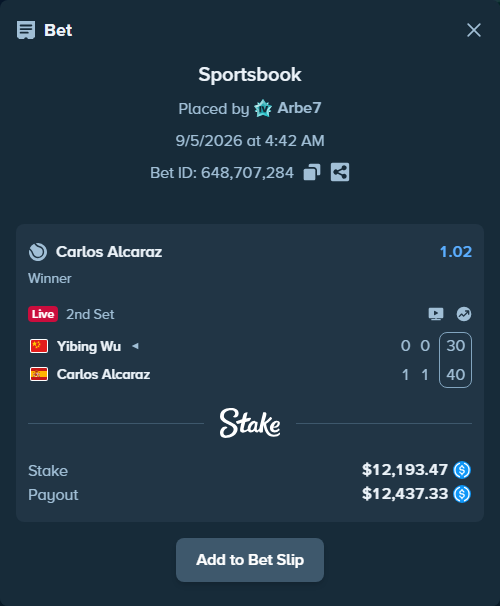 Bet slip: Yibing Wu - Carlos Alcaraz, $12,193.47 stake at 1.02 odds, placed by Arbe7