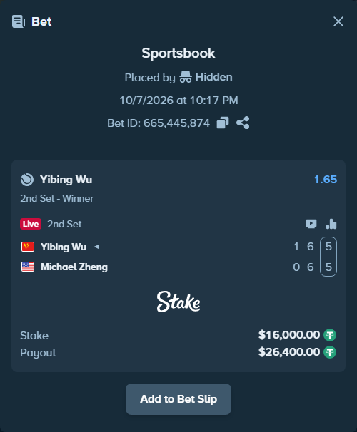 Bet slip: Yibing Wu - Michael Zheng, $15,995.20 stake at 1.65 odds, placed by Hidden
