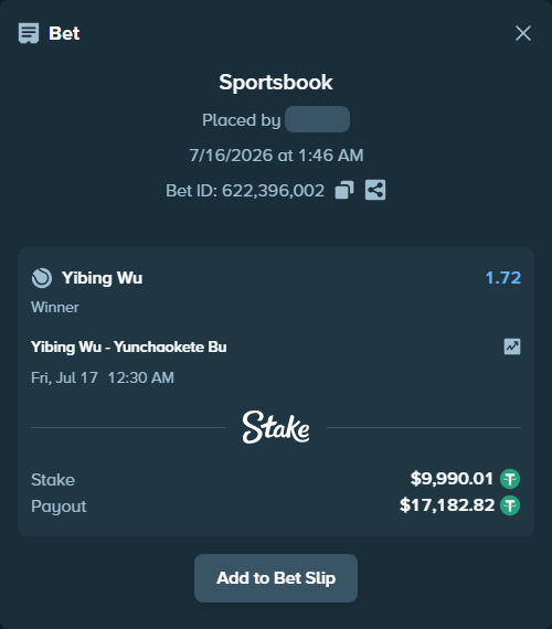 Bet slip: Yibing Wu - Yunchaokete Bu, $10,000.00 stake at 1.72 odds, placed by Lorenc2